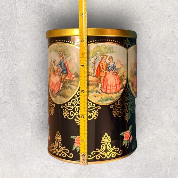Round Regency Style Candy Tin, Vintage Victorian Black & Gold Tin - Picture 5 of 7